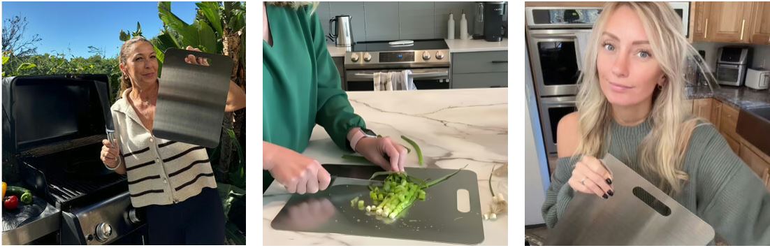 People using the Katori Titanium Cutting Board at a grill, chopping scallions, and holding the board in a kitchen